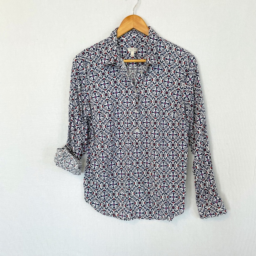 TALBOTS Small Red White & Blue Geometric Print Roll Tab Sleeves Popover Top